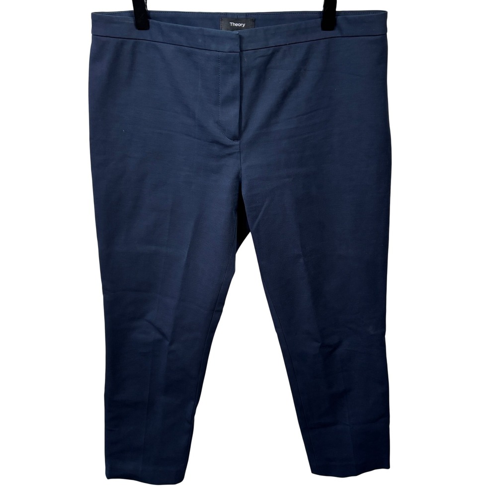 Theory Navy Blue Flat Front Stretch Tapered Ankle Trousers Dress Pants Womens 8